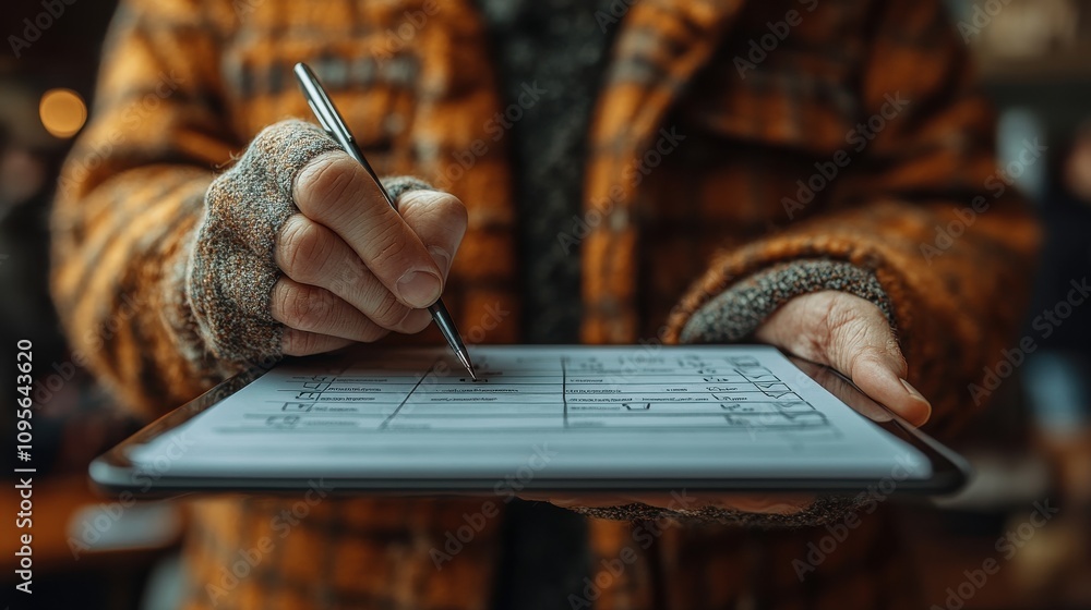 Poster the person holding a tablet ticks the checkmark in the box on the list of documents the concept of c