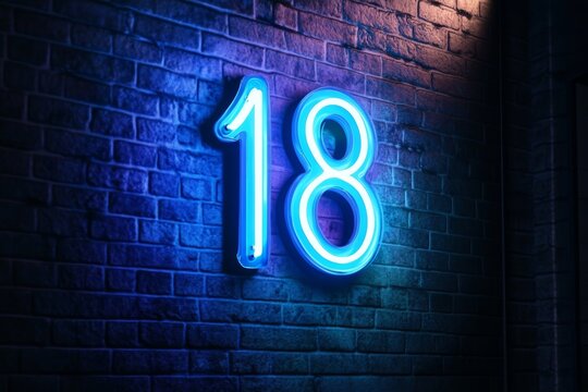 Neon blue number 18 sign illuminating a brick wall in night ambiance