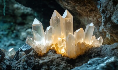 Glowing quartz crystals illuminated in cave, stunning natural formation, sharp points, intricate details, soft light, rocky background