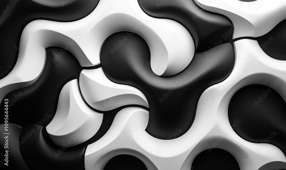 Poster abstract black and white pattern, smooth curves and waves, modern design, 3d rendering, intricate sh
