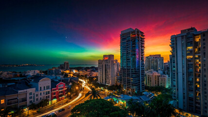 Fototapeta premium City at night with rainbow colored aurora, created with Generative Ai technology