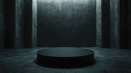 Black Circular Platform in a Dark Room with Concrete Walls