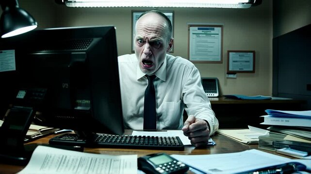 Accountant expressing frustration while yelling at a computer screen