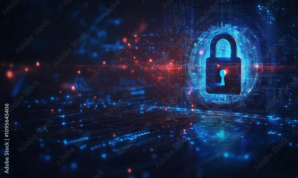 Poster digital lock symbol representing cybersecurity, data protection, and encryption. abstract background