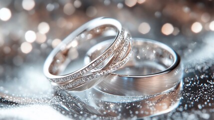 Close-up of elegant wedding rings with diamonds on a shiny surface.