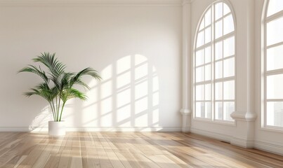 A minimalist white room with large arched windows and wooden floors, a large plant in a white pot, and sunlight streaming through the windows