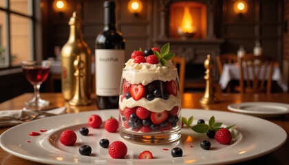 Layered berry parfait with cream in cozy dining setting