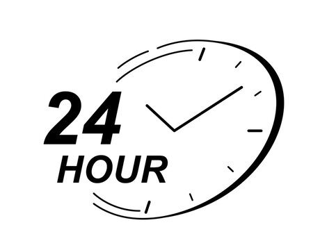 Clock with hours. 24 hour inscription near watches. Chronometer and stopwatch. Instrument for time measurement. Countdown and deadline. Flat vector illustration