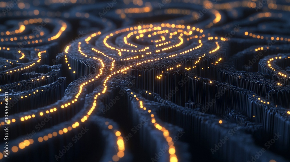 Aufkleber Abstract 3D rendering of glowing lines forming intricate patterns on a dark textured surface.