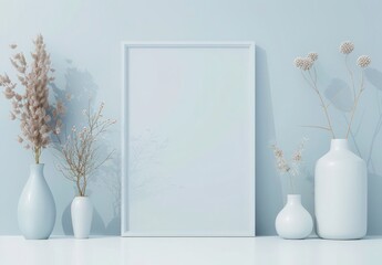 A blank white frame mockup with pink flowers and vases on a blue background