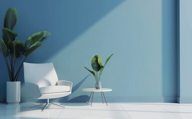 Minimalist living room interior with a white sofa, chair, and coffee table against a bright blue wall, perfect for showcasing artwork, furniture, or home decor