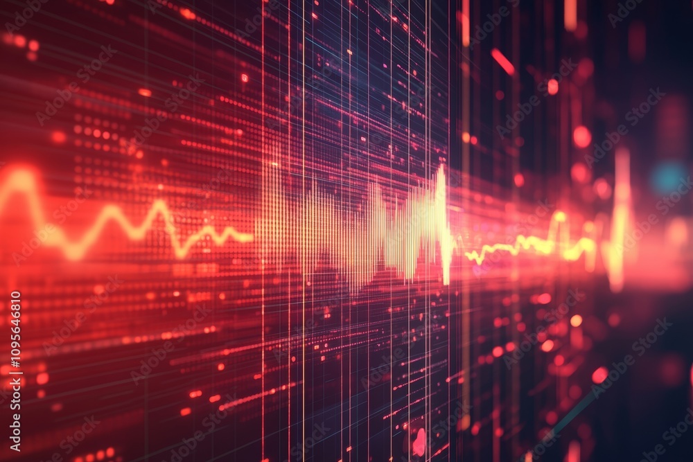 Poster dynamic red soundwave: abstract digital audio visualization in motion