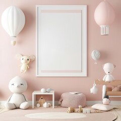 A pink nursery interior with a white crib, a white bunny, and a white hot air balloon mobile hanging from the ceiling. There is a blank white frame on the wall