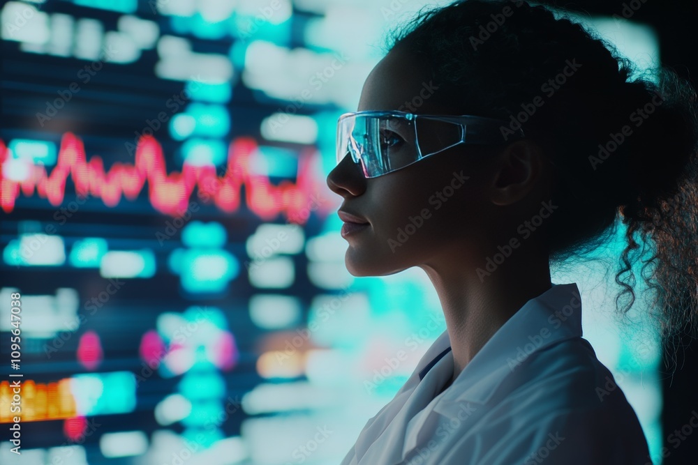 Poster female scientist analyzing data with advanced technology in lab