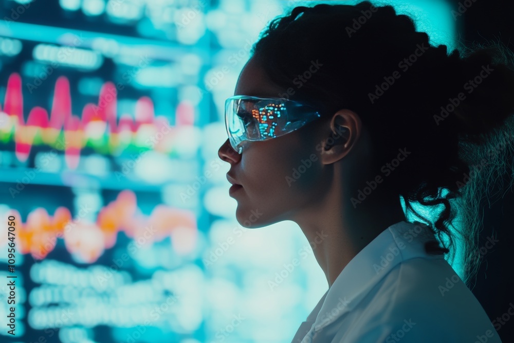 Poster female scientist analyzing data on futuristic display with advanced technology