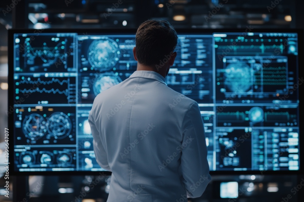 Poster male scientist analyzing data on large digital screens in a high-tech laboratory