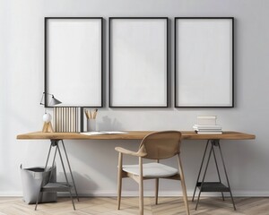 Minimalist workspace with three empty frames on a concrete wall, wooden desk, black chair and white wooden floor