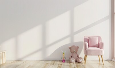 A minimalist white room with a pink armchair, a teddy bear, and a wooden toy train on a rug. The window lets in natural light creating a bright and welcoming atmosphere