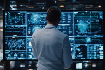 Male scientist analyzing data on large digital screens in a high-tech laboratory