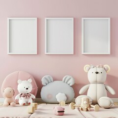 A set of three empty picture frames against a pink wall, with soft toys and a rug in the foreground