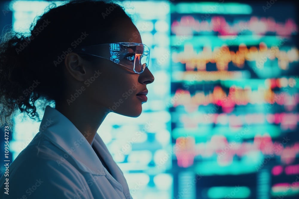 Poster female scientist analyzing data with holographic display in laboratory setting