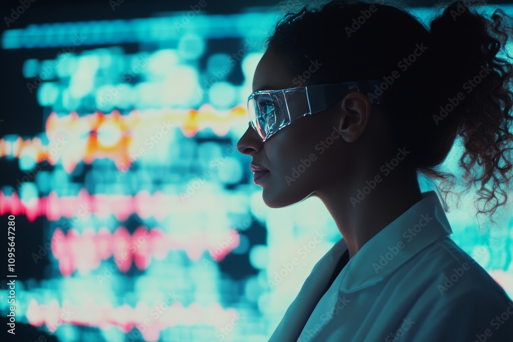 Poster female scientist analyzing data with futuristic glasses in high-tech lab environment