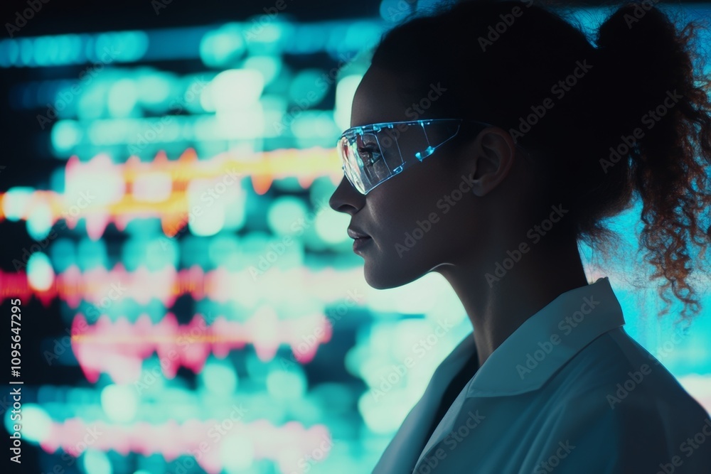 Poster female scientist analyzing data on digital screen in futuristic lab setting