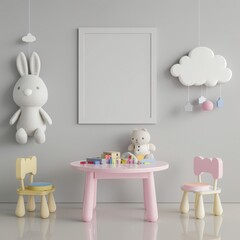 A minimalist nursery with a pink table and chairs, two plush bunny toys, and a framed white mockup poster on a grey wall