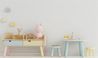 A white wall with a wooden floor, a round white rug, a pink table and a pink bunny toy, two pastel-colored bean bags, two small chairs, a wooden bookshelf, a plant, a wooden star, and a wooden circle