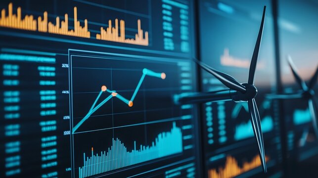 Futuristic Digital Dashboard Showcasing Renewable Energy Investment Trends and Market Growth - Powered by Adobe