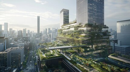 Fototapeta premium Futuristic Eco Friendly City with Green Roofs and Vertical Gardens
