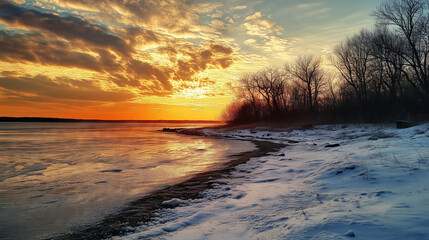 Naklejka premium Fiery Winter Sunset Over a Snow-Covered Shore