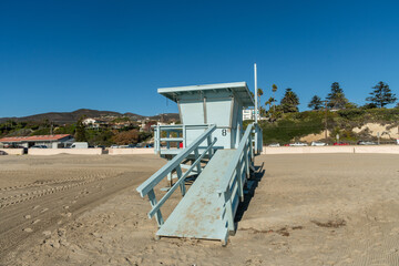 Closed lifeguard station in winter at the Zuma beach in Malibu, Southern California