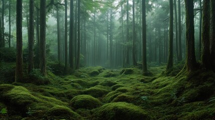 Obraz premium A forest with a lot of moss and trees. The trees are tall and green. The moss is covering the ground