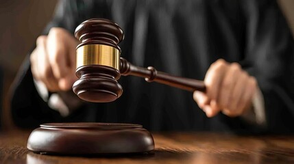 Judge in Action Courtroom Scene Legal Proceedings Formal Environment Dynamic Viewpoint Gavel in Motion