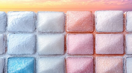 Fototapeta premium Vibrant Gradient Ice Cubes in Sunlit Pastel Hues: Frozen Cubes in Pink, Blue, and Orange Shades for Refreshing Summer Drinks and Creative Culinary Ideas
