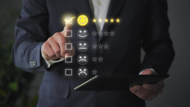 business man standing in office gives positive review on virtual screen,satisfied businessman customer rating experience giving feedback on touch screen interface