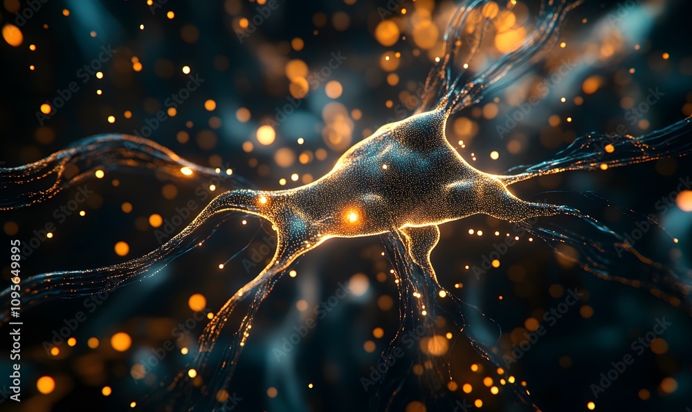 Poster glowing neuron cell with intricate network and bright particles.