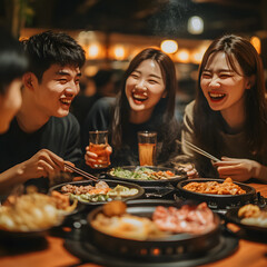 Joyful dinner gathering among friends restaurant setting food experience cozy ambiance candid moments friendship celebration