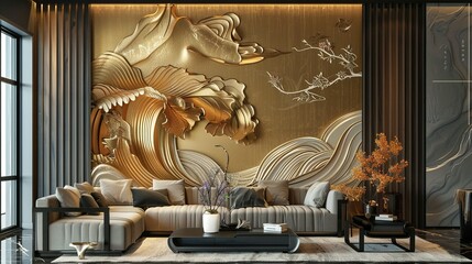 Modern Living Room with Gold Wave Wall Art