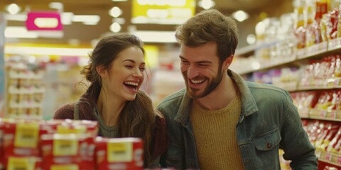 Obraz premium Smiling Couple Grocery Shopping Supermarket Joy