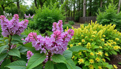 Obraz premium Blooming lilac and yellow bushes in a lush garden