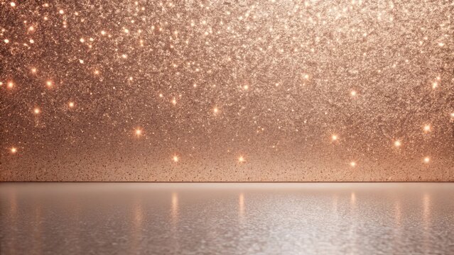Reflective floor with a shimmering, rose gold glitter backdrop featuring subtle light points