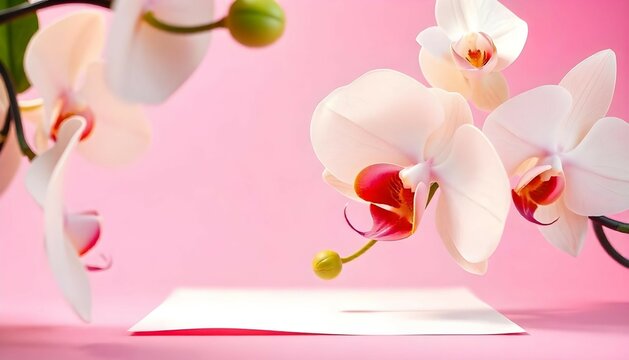 Empty white paper for text with orchids flower of two coner on pastel pink background. 