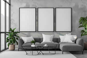 Modern living room featuring a stylish gray sectional sofa, indoor plants, and three blank frames ready for personalized artwork.