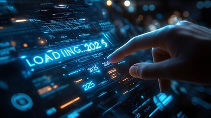 Fototapeta premium Progress and transition from 2024 to 2025 concept. A person pointing to loading bar transitioning from 2024 to 2025, progress, future planning, and new year goals. annual planning and business growth