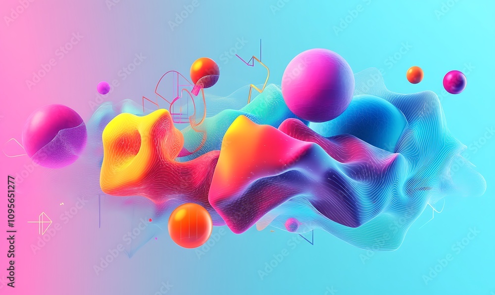 Aufkleber abstract colorful composition with spheres and fluid shapes on a gradient background.