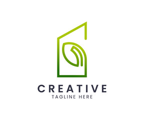 Natural building logo design with green leaf for modern and creative business.