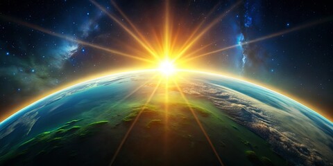 A radiant sunrise illuminates a vibrant Earth from space, showcasing the beauty of our planet against the backdrop of a star-filled cosmos.