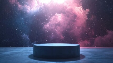 A Circular Platform Under a Night Sky with Stars and Nebulae